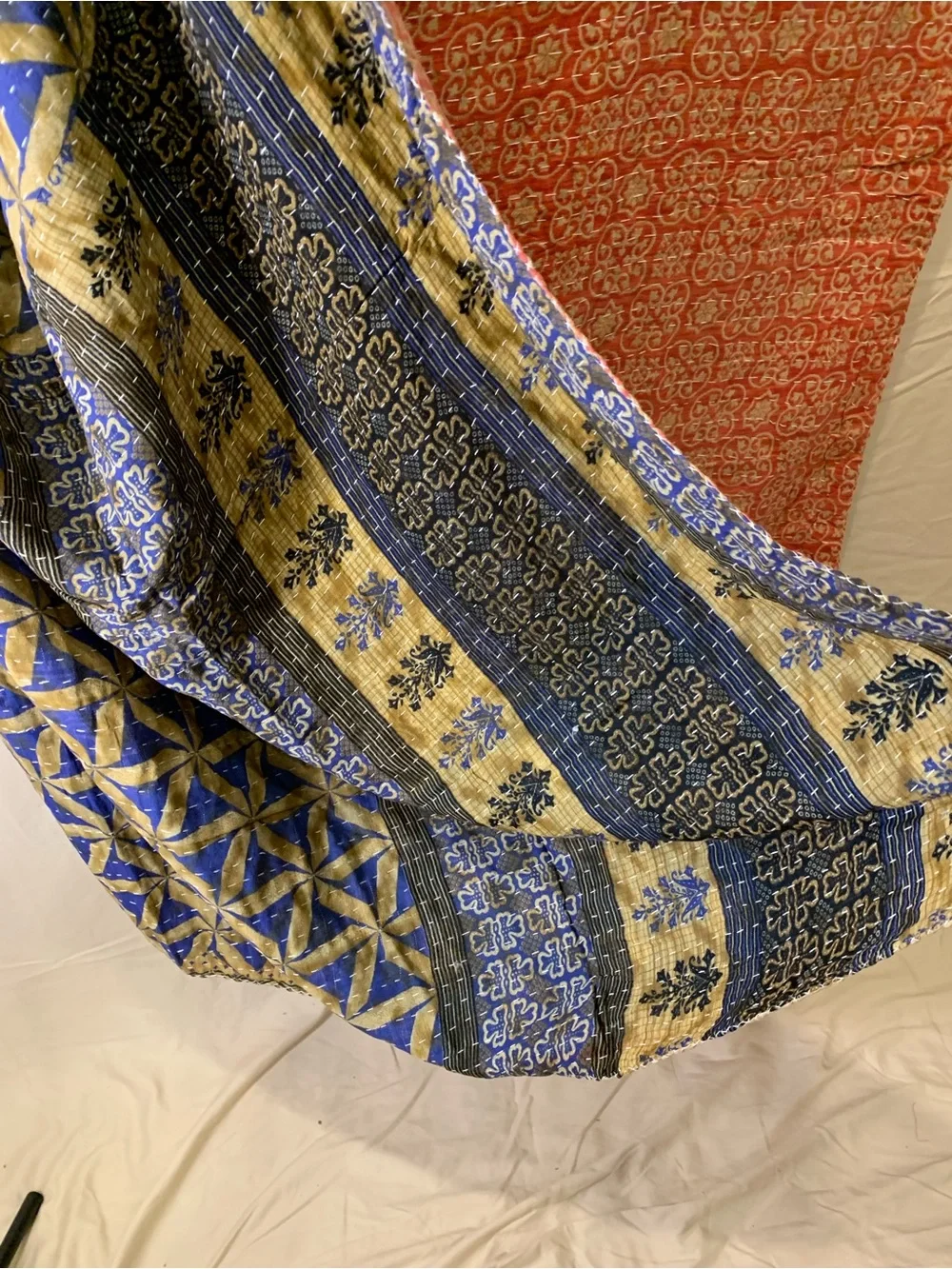 Handmade Kantha Quilt Twin Size Recycled Sari Cotton Blue Gold Orange Red